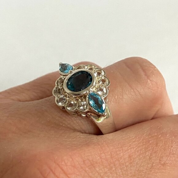 Sterling Silver 925 Blue White Topaz Multi Gemstone Stone Floral Ring Sz 6.75 - Picture 5 of 16